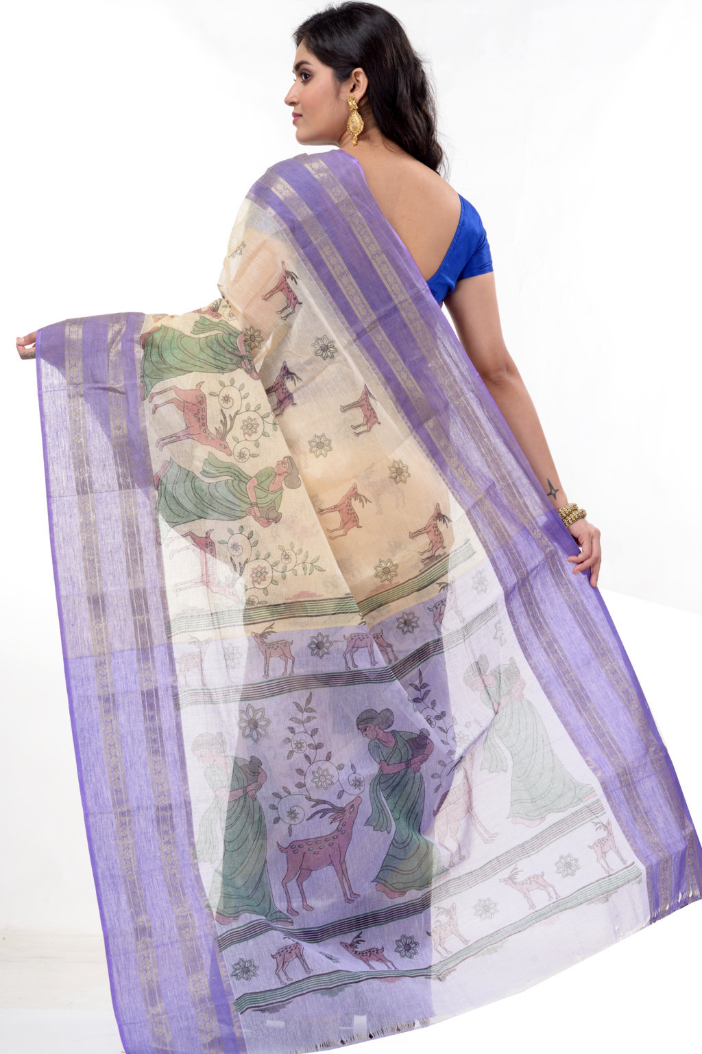Purple Pure Cotton Sakuntala Tant Saree Print (2645)